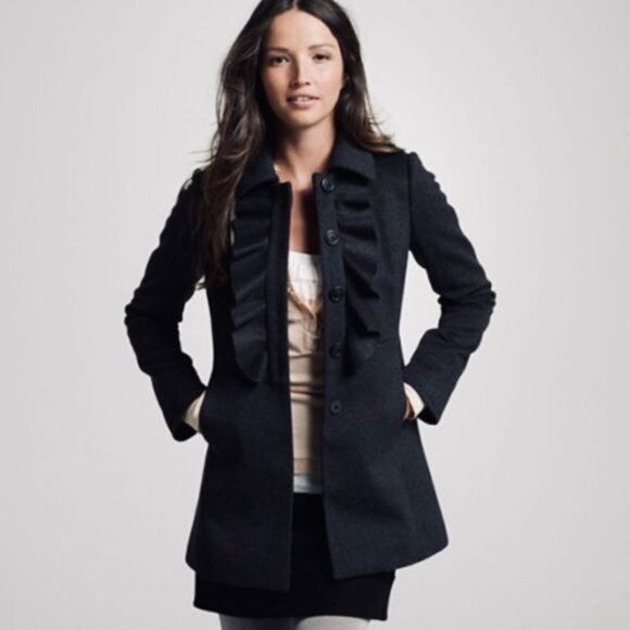 J. Crew 100% Wool Ruffle Chest Pea Coat Jacket Black Size 2 17501 - Picture 1 of 8